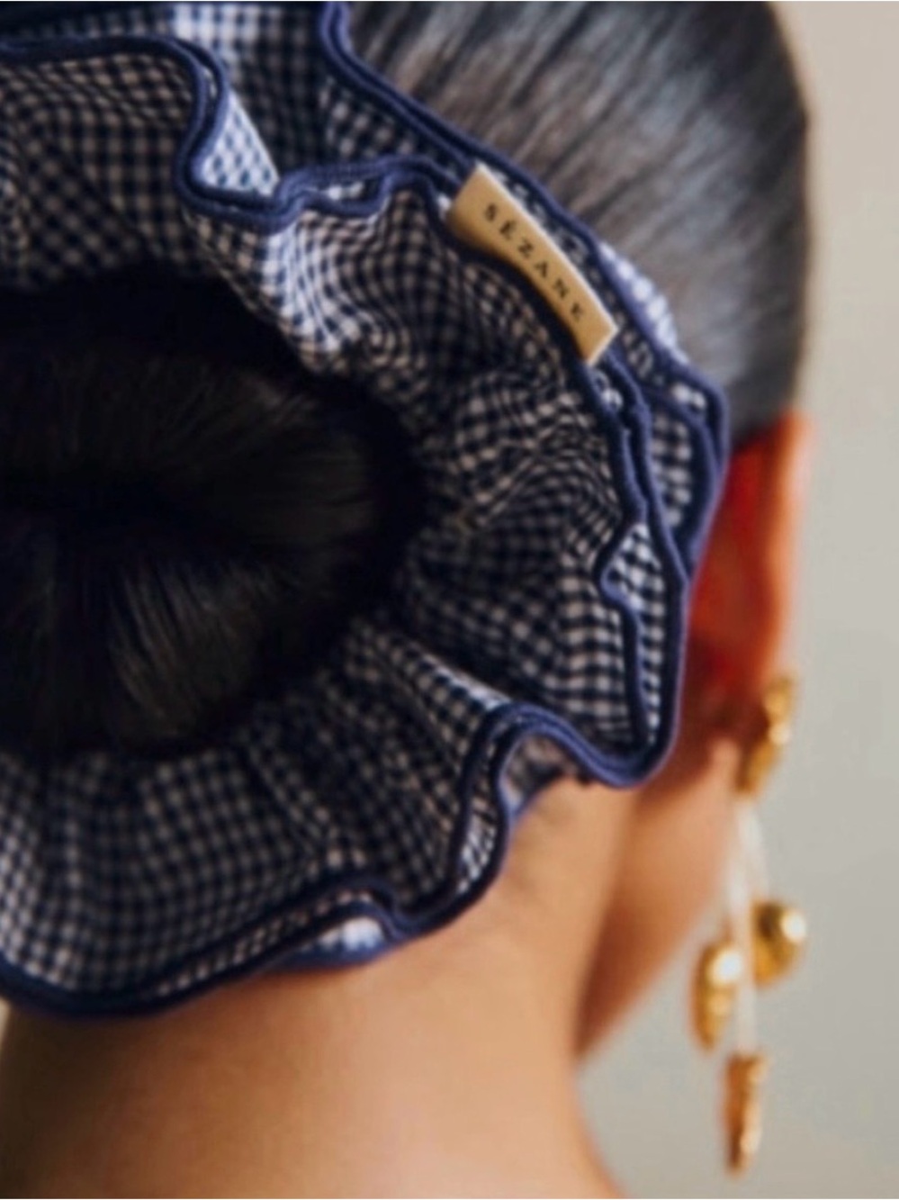 Sezane Navy & White gingham scrunchie NWB